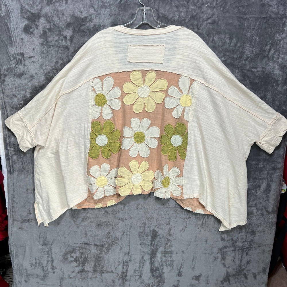 Oli & Hali Floral Applique Oversized Cotton Top Cream Peach Boho Small Hippie - Picture 5 of 13
